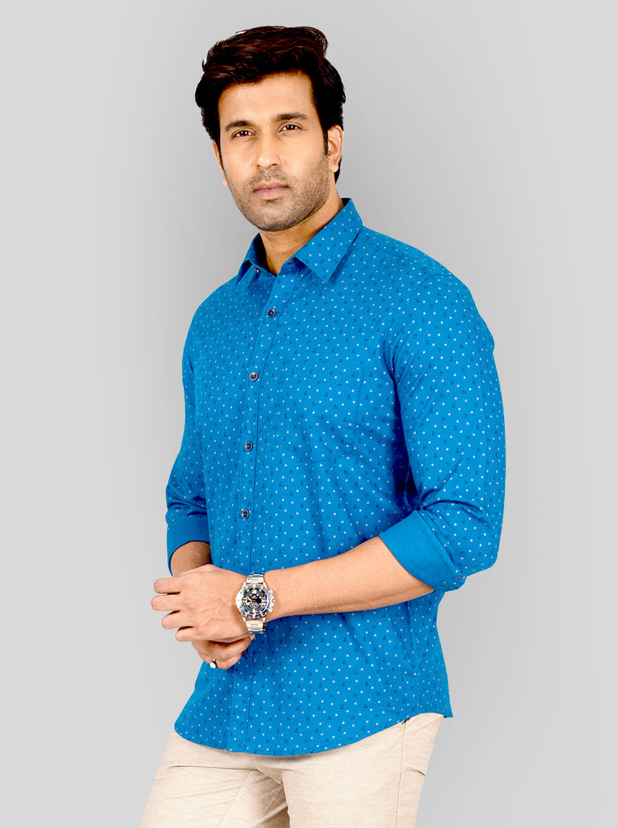 Cobalt Blue Printed Tailored Fit Casual Shirt | JB Sport