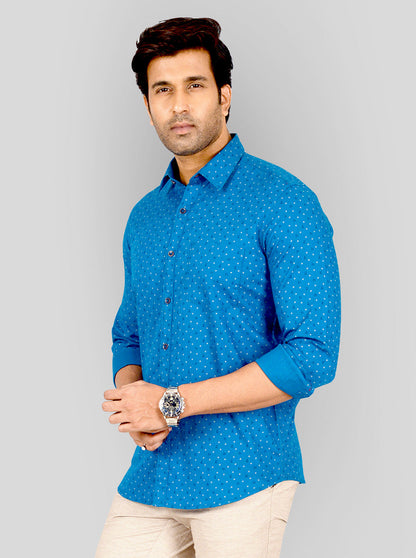 Cobalt Blue Printed Tailored Fit Casual Shirt | JB Sport