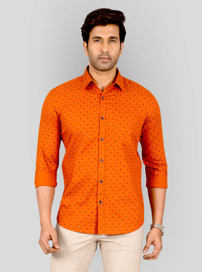 Flame Orange Printed Tailored Fit Casual Shirt | JB Sport