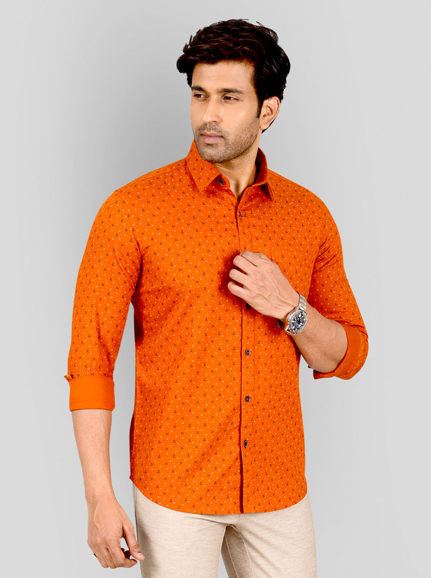 Flame Orange Printed Tailored Fit Casual Shirt | JB Sport