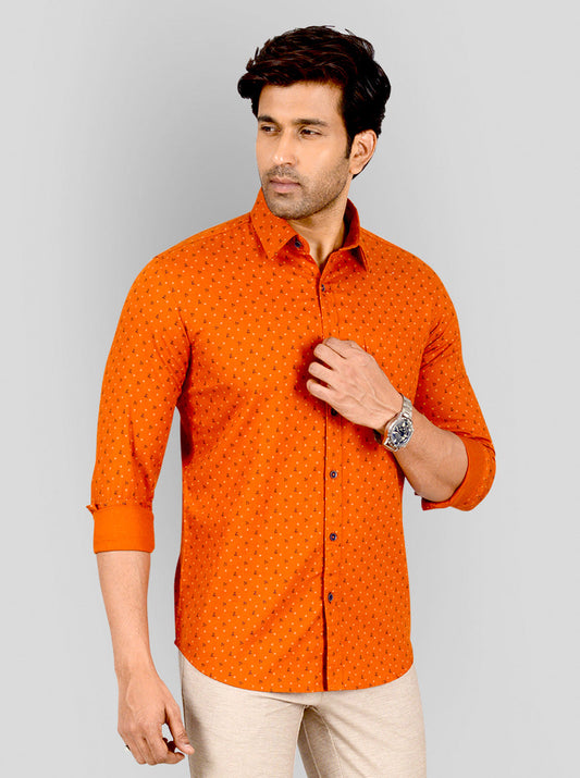 Flame Orange Printed Tailored Fit Casual Shirt | JB Sport