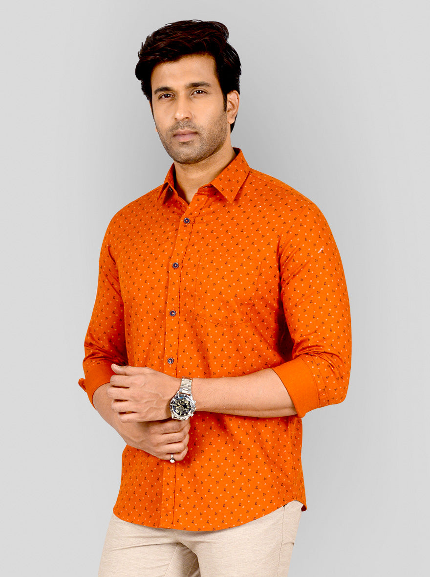 Flame Orange Printed Tailored Fit Casual Shirt | JB Sport