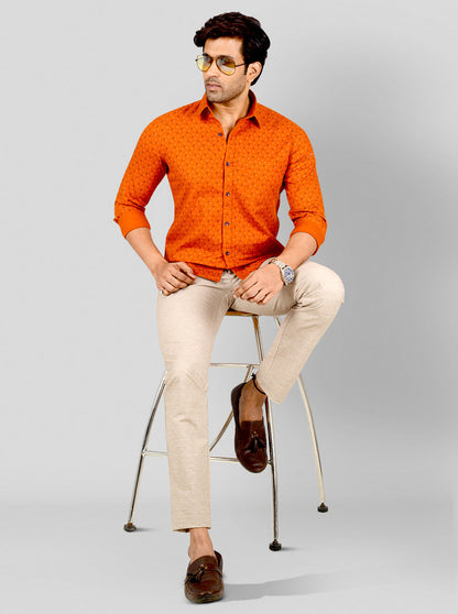 Flame Orange Printed Tailored Fit Casual Shirt | JB Sport