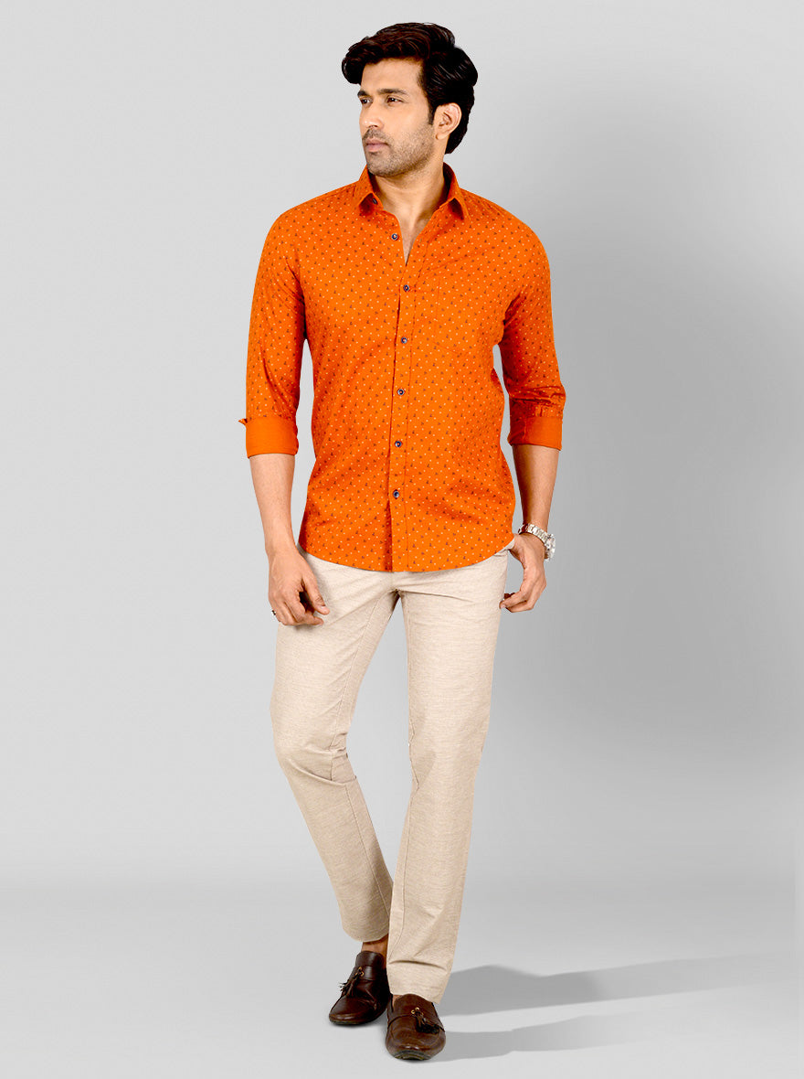 Flame Orange Printed Tailored Fit Casual Shirt | JB Sport