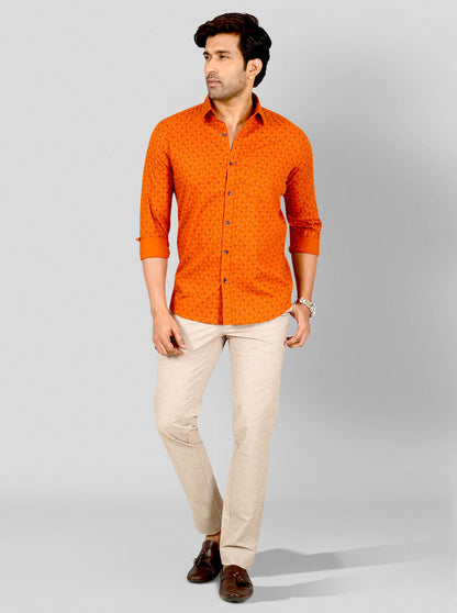 Flame Orange Printed Tailored Fit Casual Shirt | JB Sport