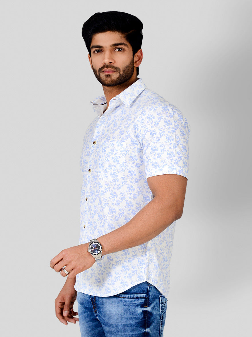 Marine Blue & White Printed Slim Fit Casual Shirt | Greenfibre