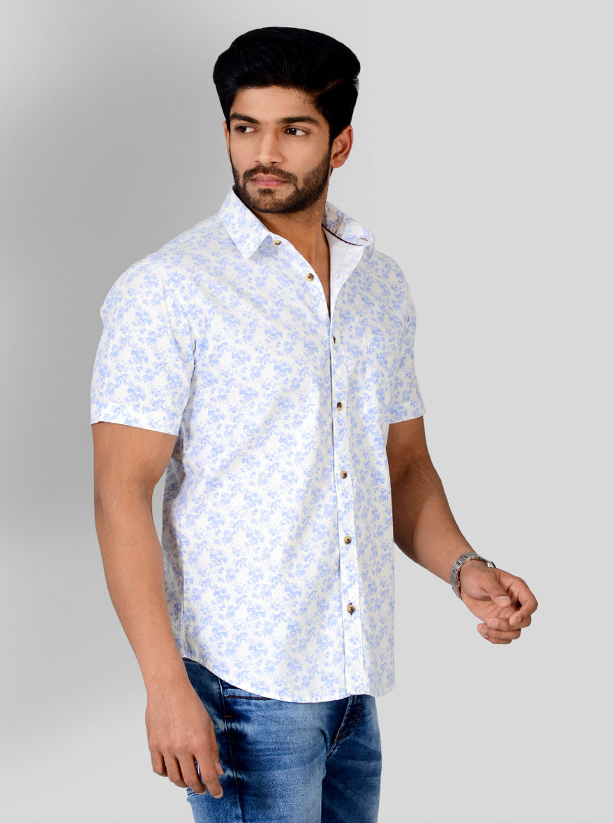 Marine Blue & White Printed Slim Fit Casual Shirt | Greenfibre