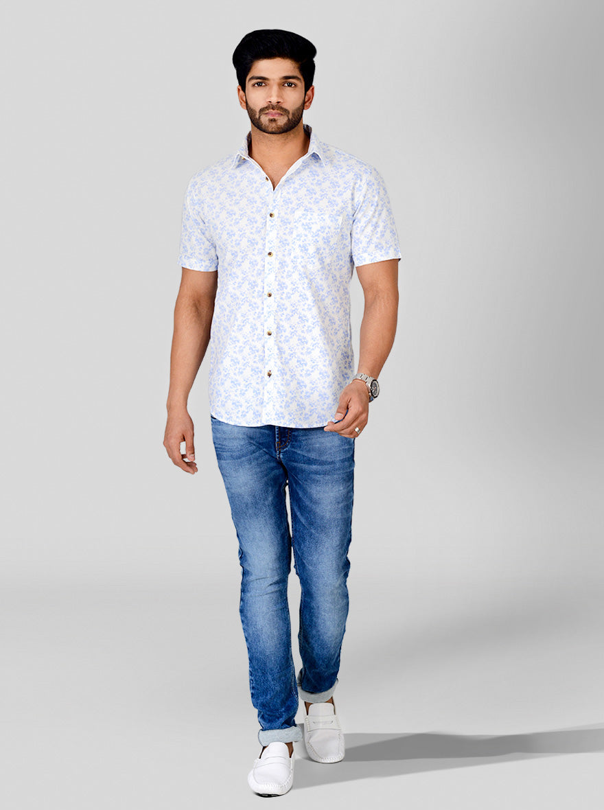 Marine Blue & White Printed Slim Fit Casual Shirt | Greenfibre