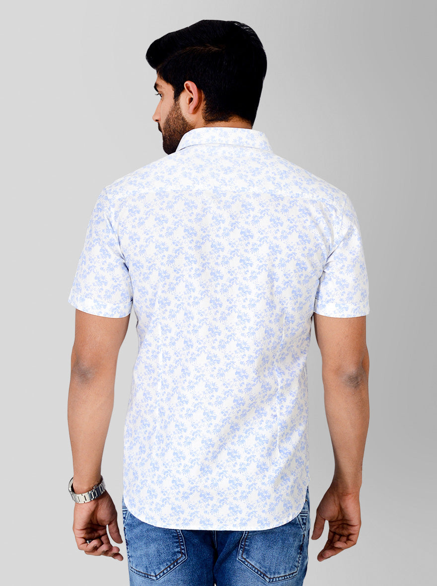 Marine Blue & White Printed Slim Fit Casual Shirt | Greenfibre