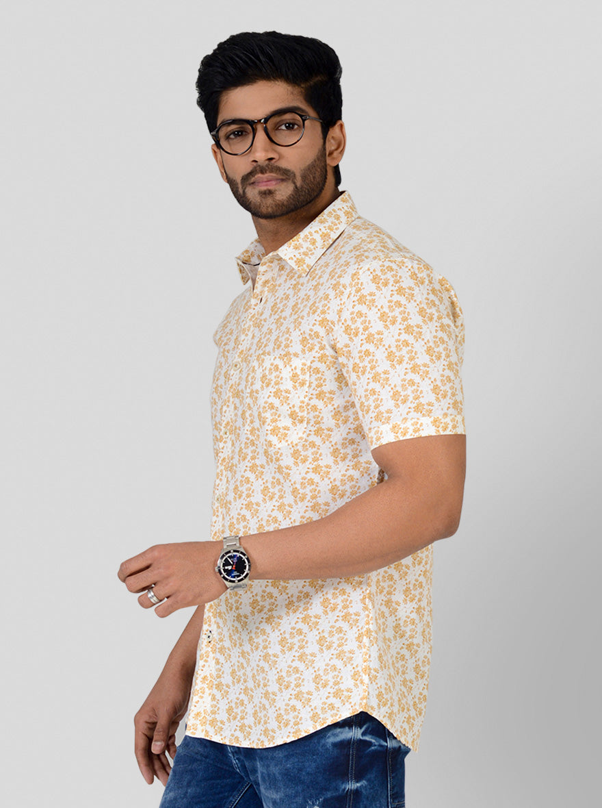 Custard Yellow & White Printed Slim Fit Casual Shirt | JB Sport