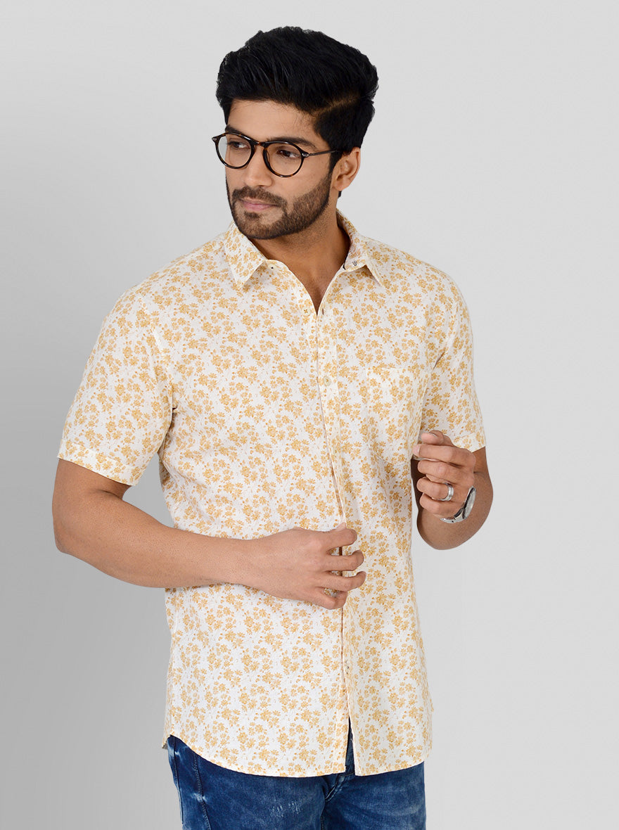 Custard Yellow & White Printed Slim Fit Casual Shirt | JB Sport