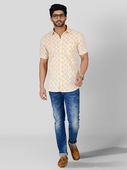 Custard Yellow & White Printed Slim Fit Casual Shirt | JB Sport