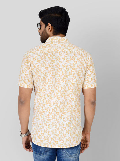 Custard Yellow & White Printed Slim Fit Casual Shirt | JB Sport