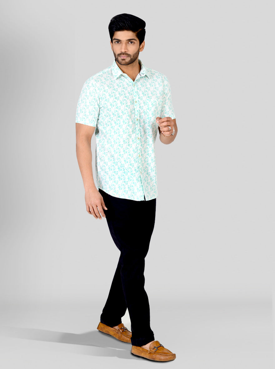 Scuba Blue & White Printed Slim Fit Casual Shirt | JB Sport