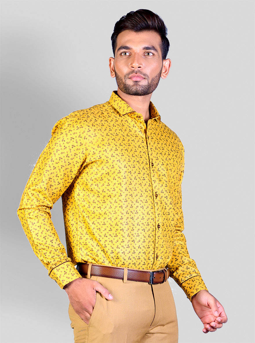 Mustard Yellow & Brown Printed Slim Fit Party Wear Shirt | Greenfibre