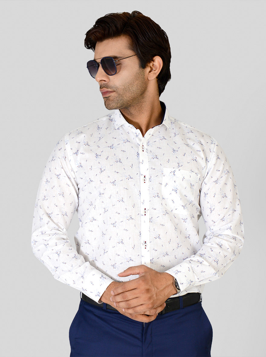 White & Blue Printed Slim Fit Party Wear Shirt | Greenfibre