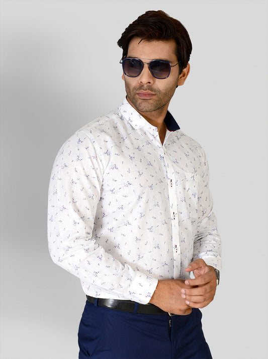 White & Blue Printed Slim Fit Party Wear Shirt | Greenfibre