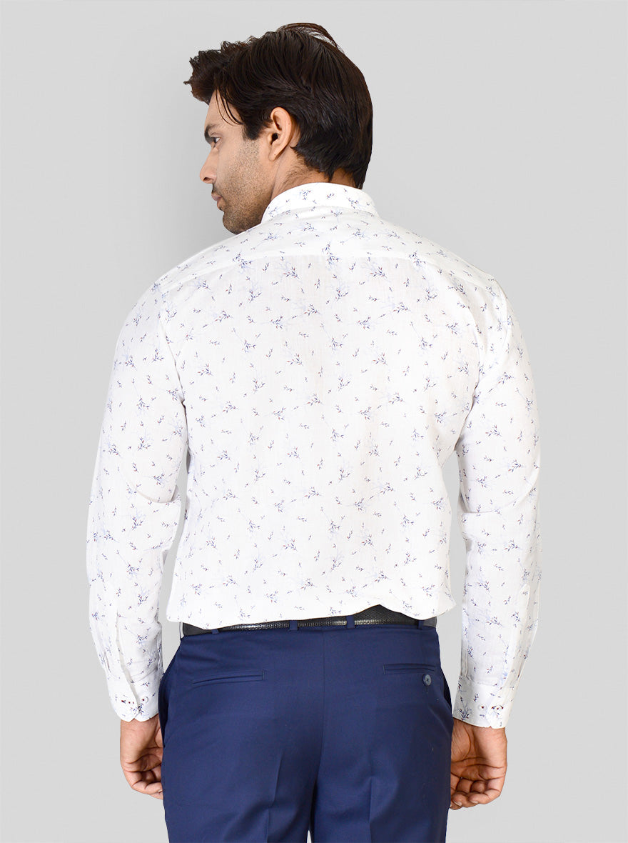 White & Blue Printed Slim Fit Party Wear Shirt | Greenfibre