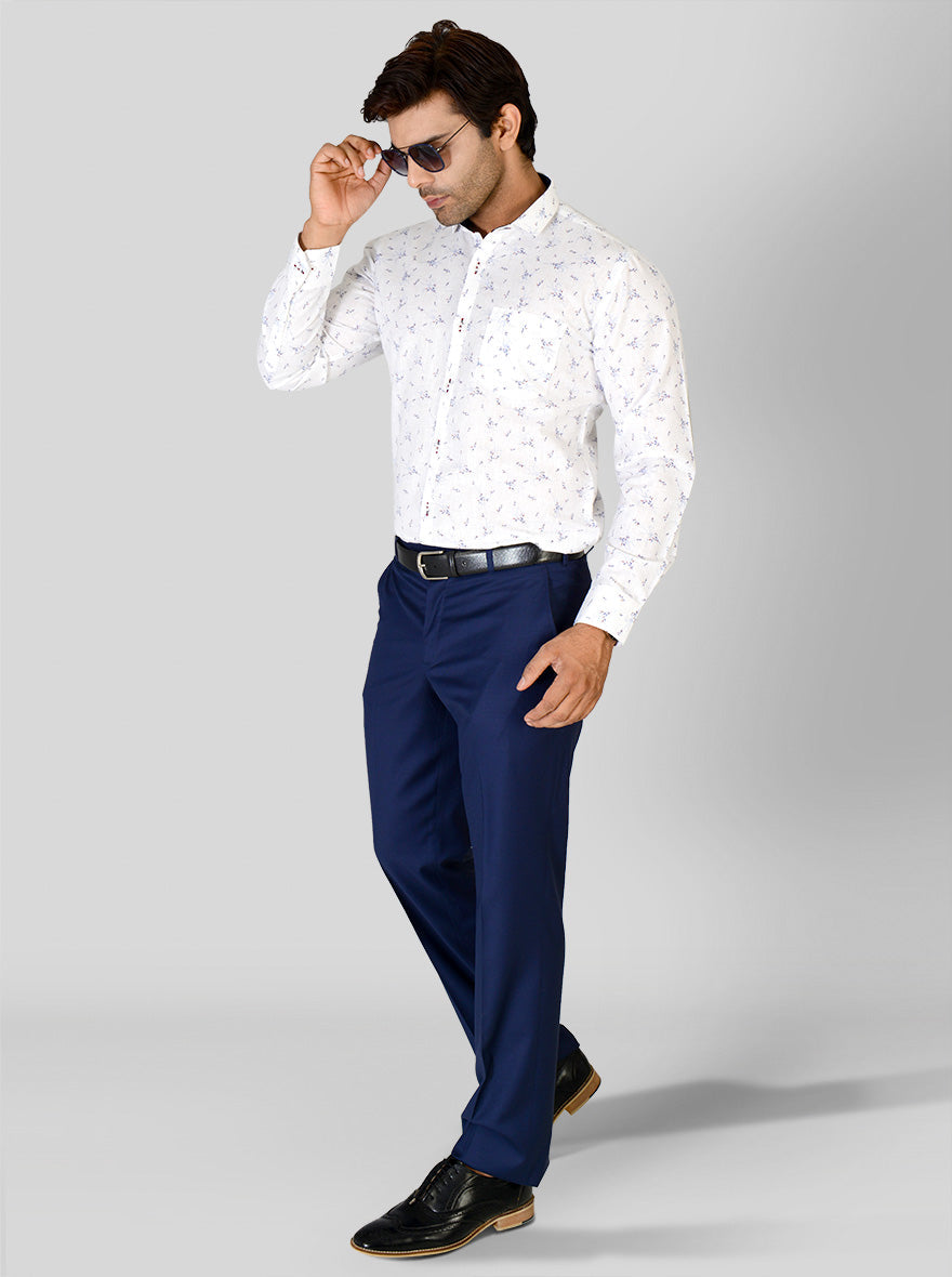 White & Blue Printed Slim Fit Party Wear Shirt | Greenfibre