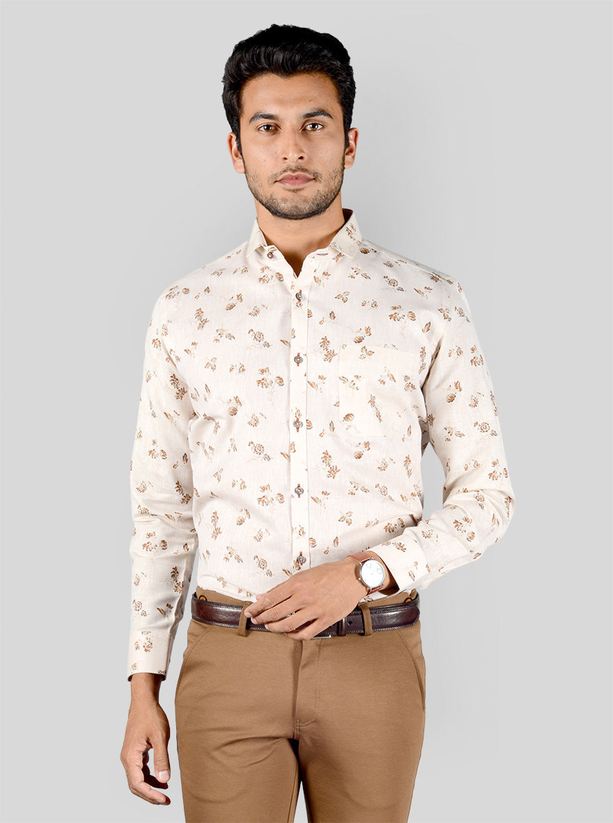 Light Beige & Brown Printed Slim Fit Party Wear Shirt | Greenfibre