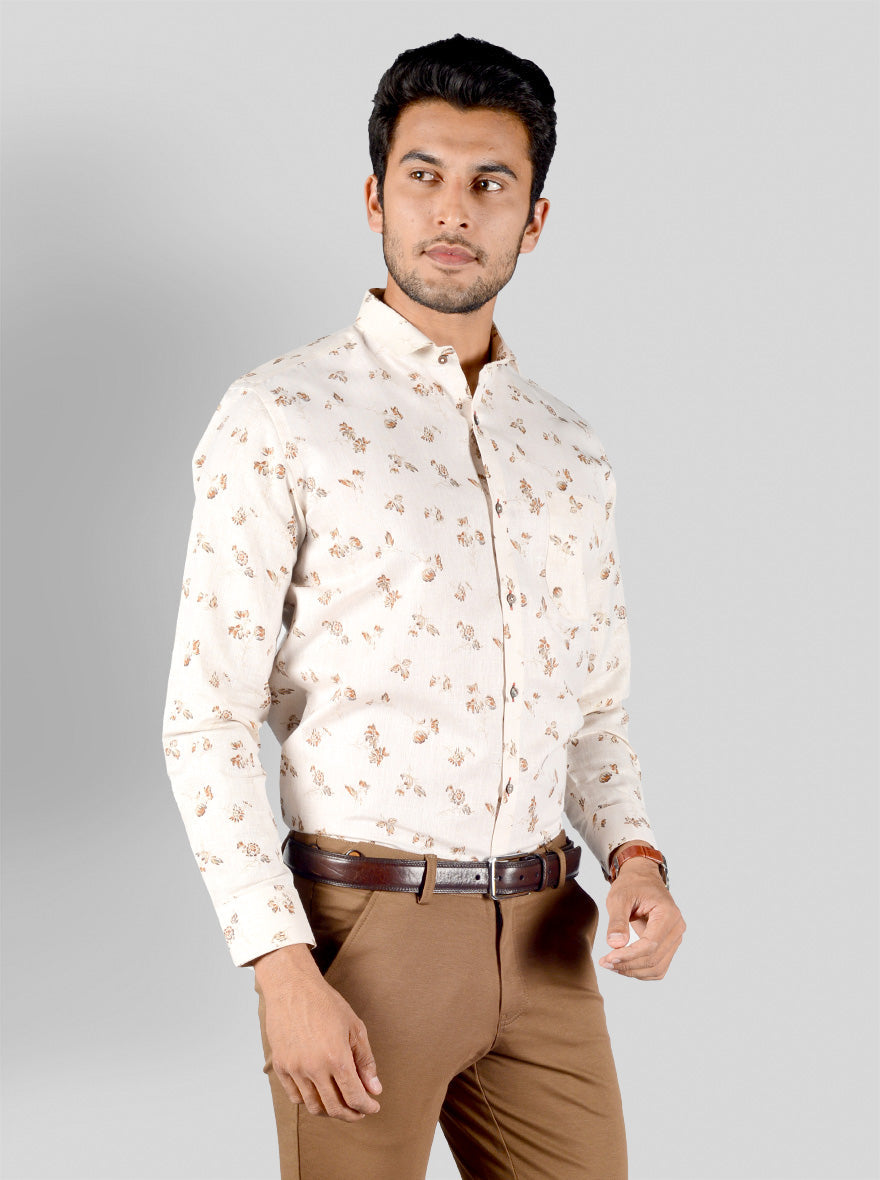 Light Beige & Brown Printed Slim Fit Party Wear Shirt | Greenfibre