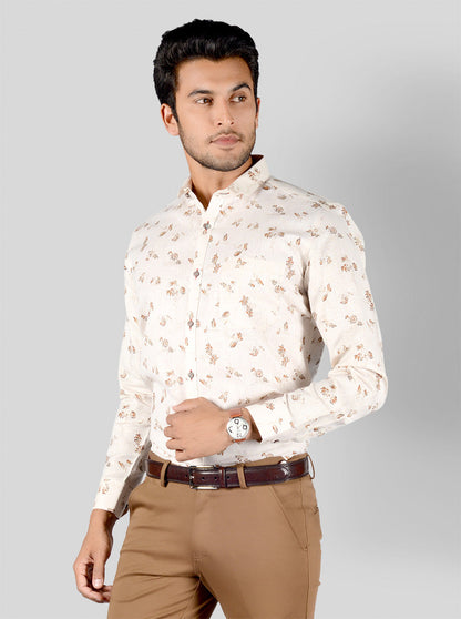 Light Beige & Brown Printed Slim Fit Party Wear Shirt | Greenfibre