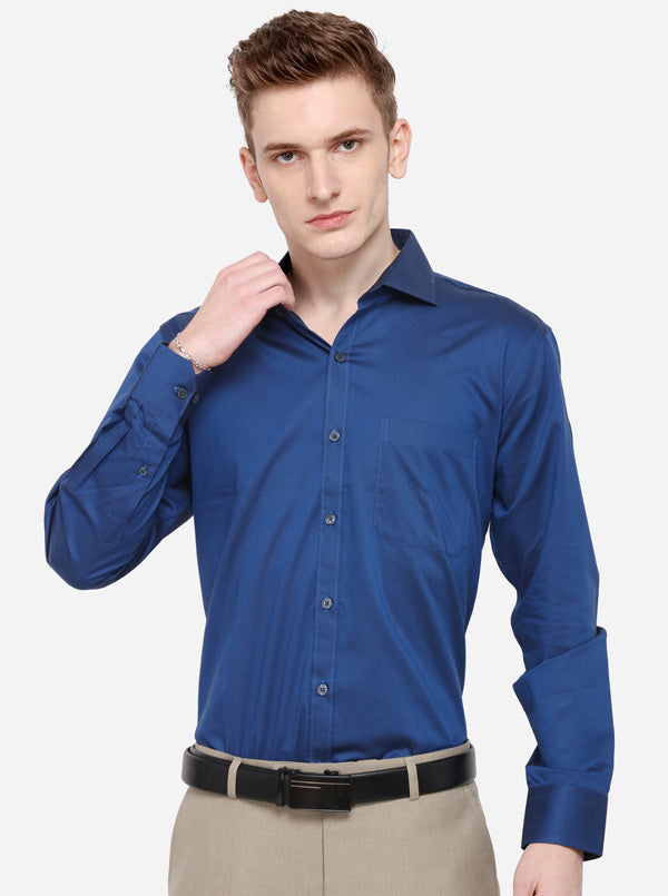 Navy Blue Solid Slim Fit Formal Shirt | Metal