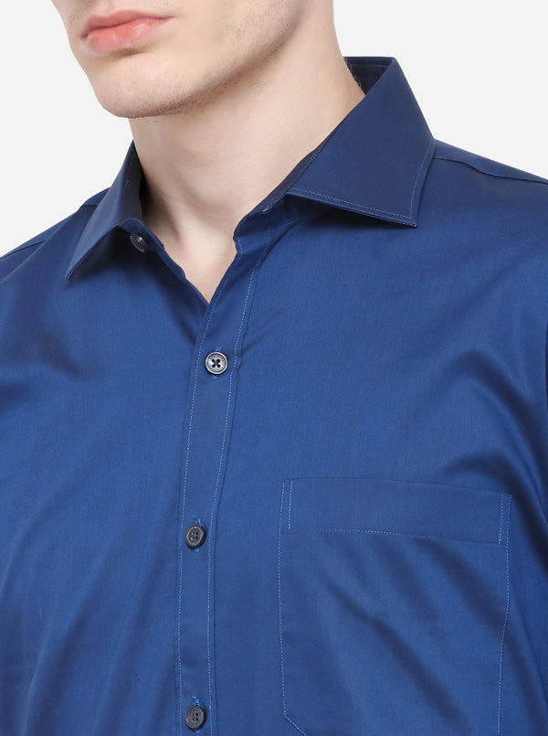 Navy Blue Solid Slim Fit Formal Shirt | Metal
