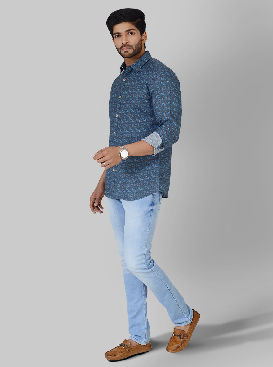 Ensign Blue Printed Slim Fit Casual Shirt | JB Sport