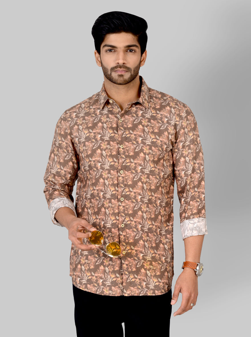 Nutmeg Brown Printed Slim Fit Casual Shirt | JB Sport