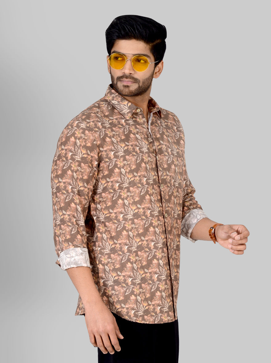 Nutmeg Brown Printed Slim Fit Casual Shirt | JB Sport