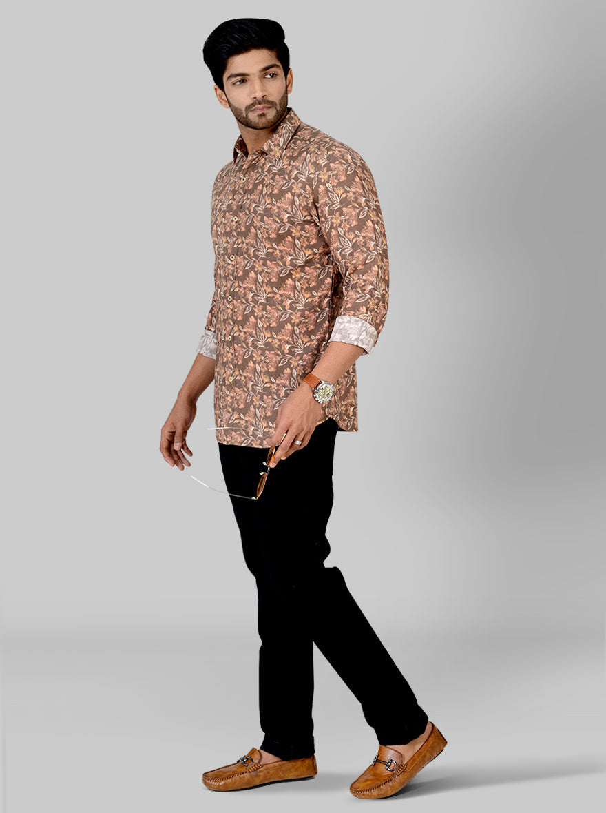 Nutmeg Brown Printed Slim Fit Casual Shirt | JB Sport