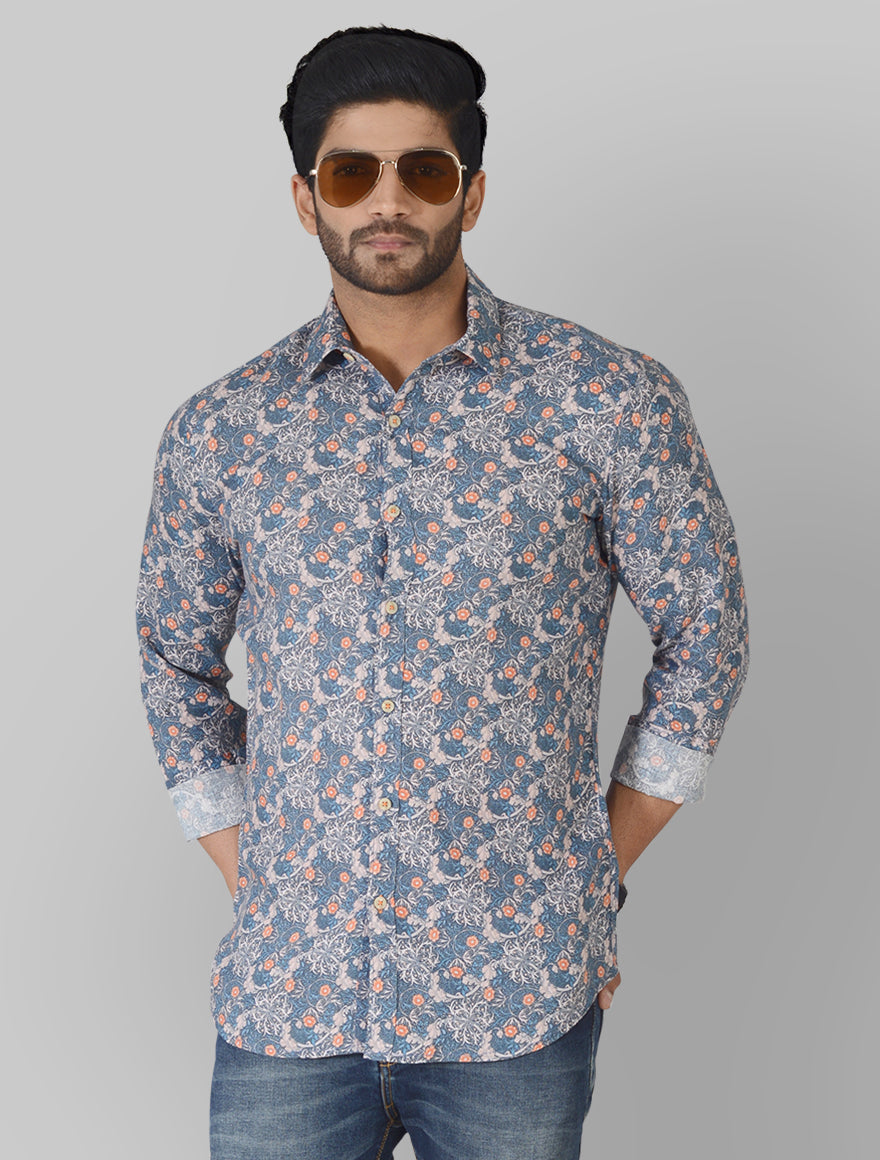 Light Blue Printed Slim Fit Casual Shirt | JB Sport