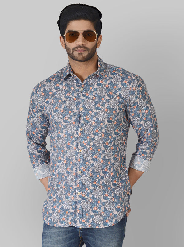 Light Blue Printed Slim Fit Casual Shirt | JB Sport