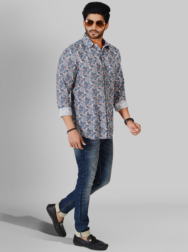 Light Blue Printed Slim Fit Casual Shirt | JB Sport