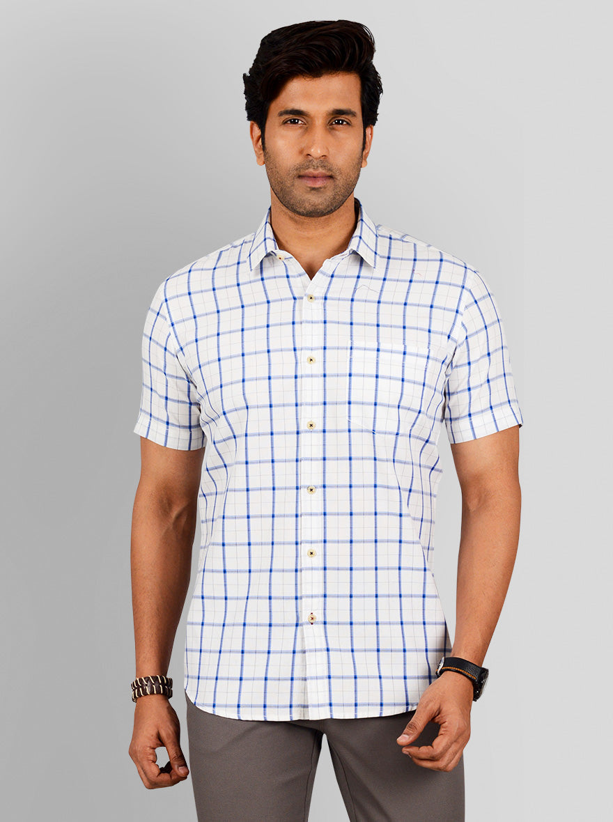 British Blue & White Checked Tailored Fit Casual Shirt | JB Sport