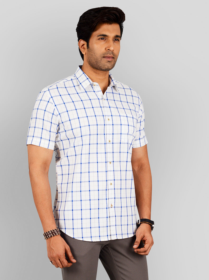 British Blue & White Checked Tailored Fit Casual Shirt | JB Sport