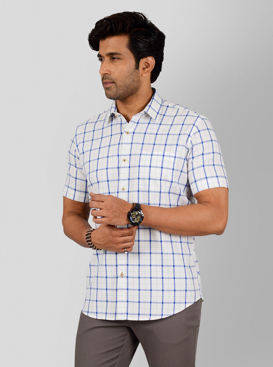 British Blue & White Checked Tailored Fit Casual Shirt | JB Sport