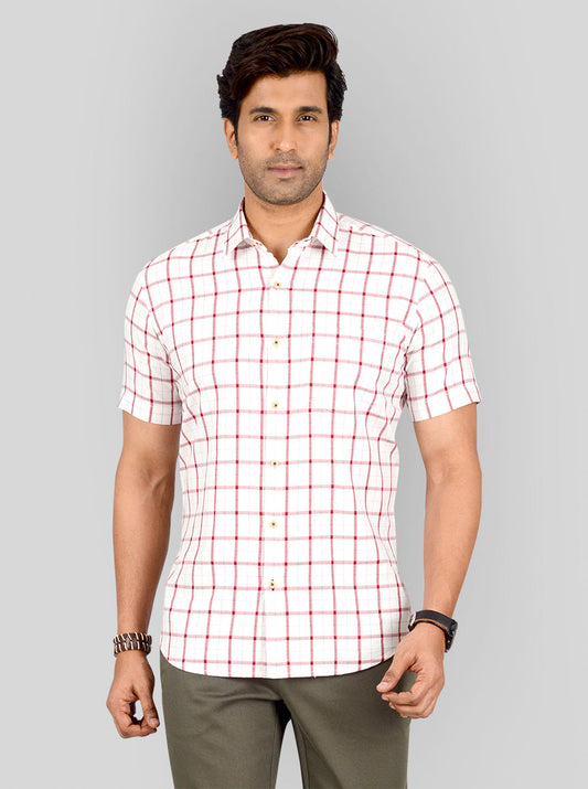 Red & White Checked Tailored Fit Casual Shirt | JB Sport