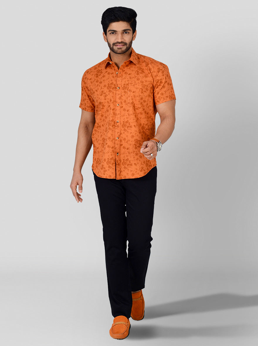 Burnt Orange Printed Smart Fit Casual Shirt | Greenfibre