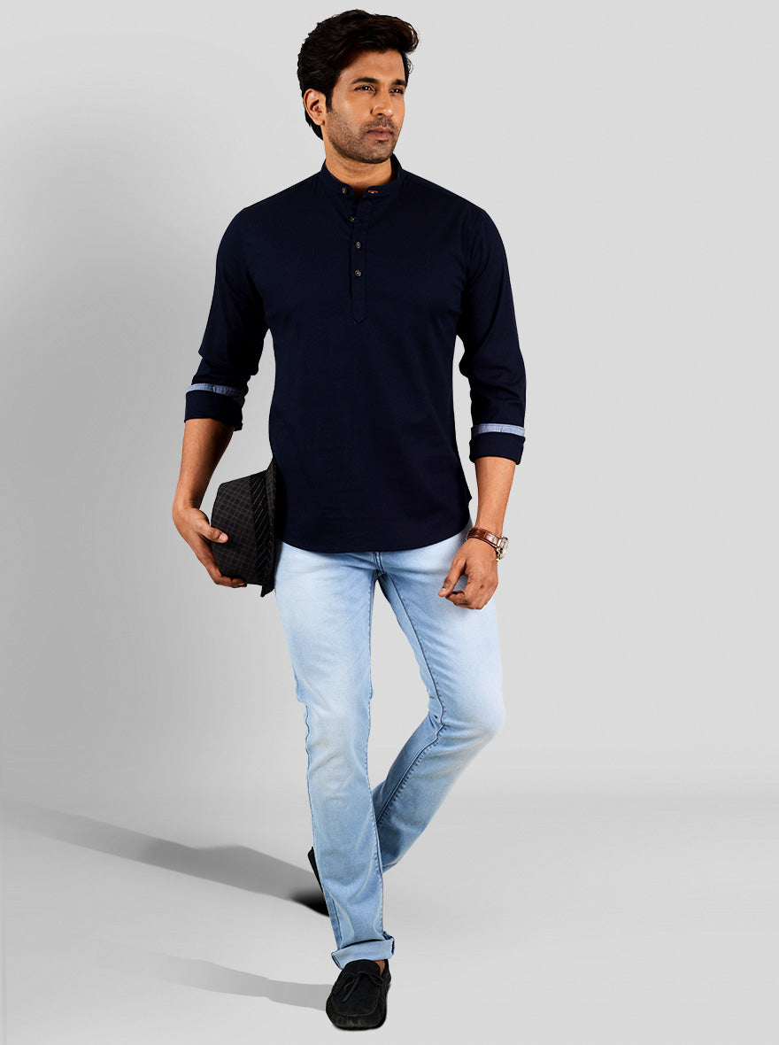 Navy Blue Solid Slim Fit Casual Shirt | Greenfibre