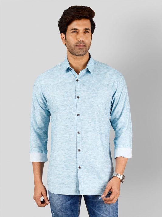 Aquamarine Blue Self Design Slim Fit Casual Shirt | Greenfibre