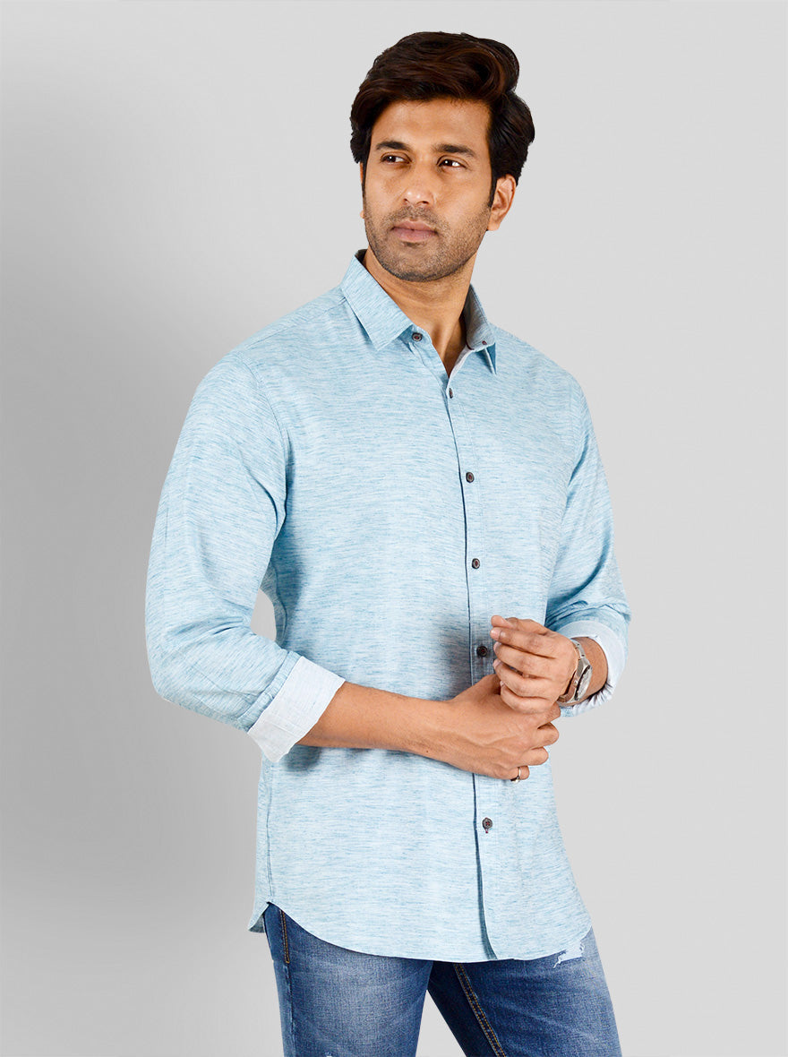 Aquamarine Blue Self Design Slim Fit Casual Shirt | Greenfibre