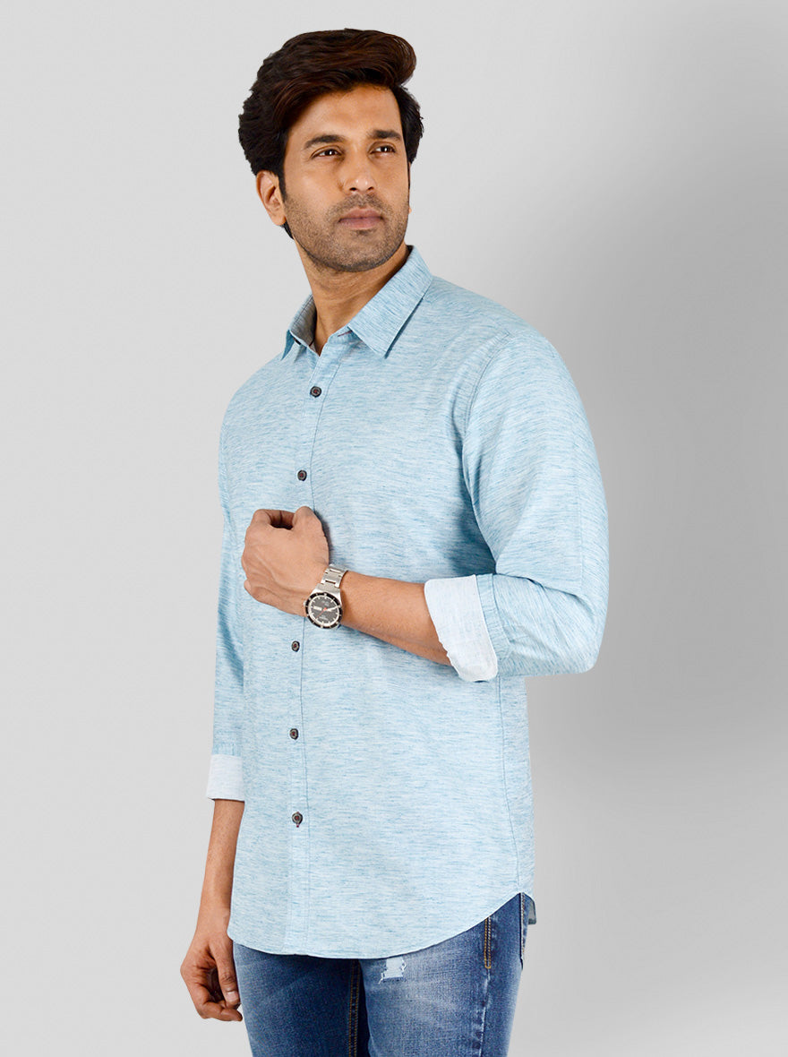 Aquamarine Blue Self Design Slim Fit Casual Shirt | Greenfibre