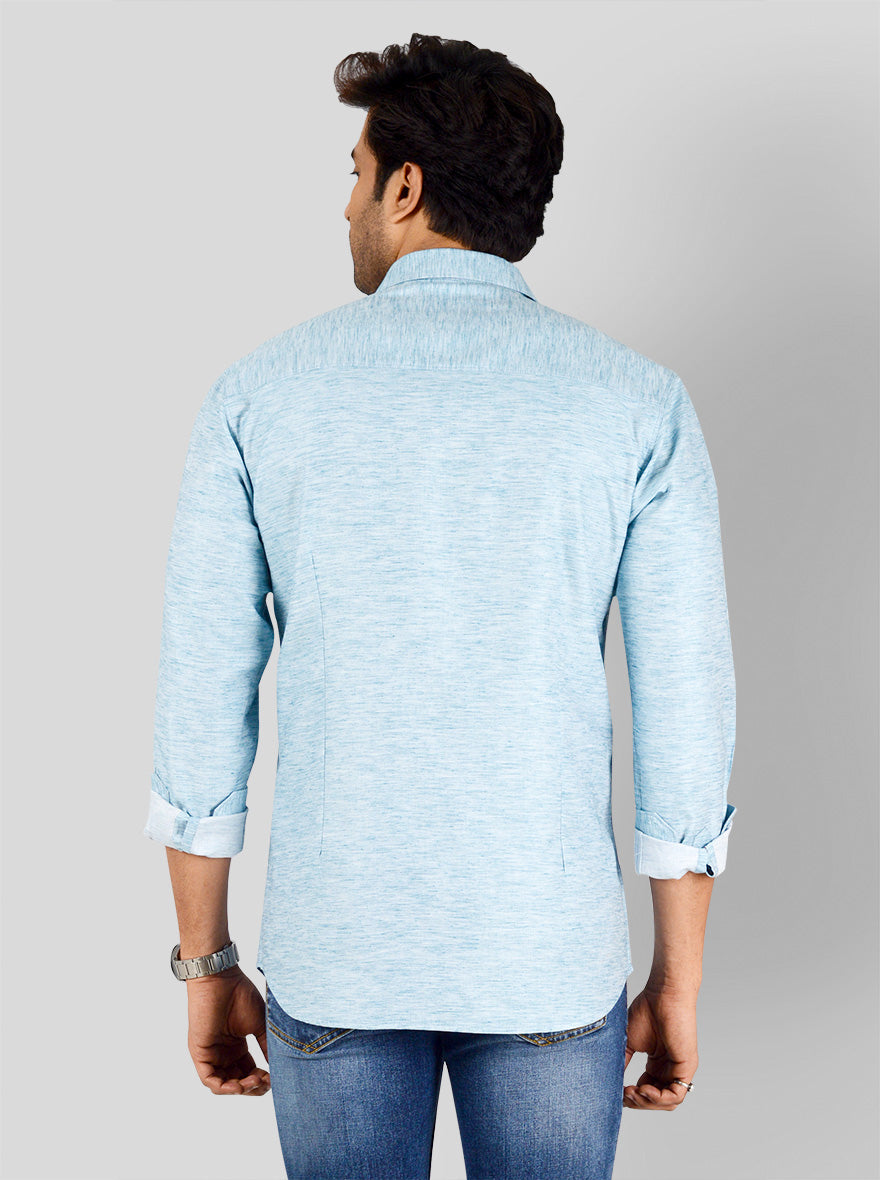 Aquamarine Blue Self Design Slim Fit Casual Shirt | Greenfibre