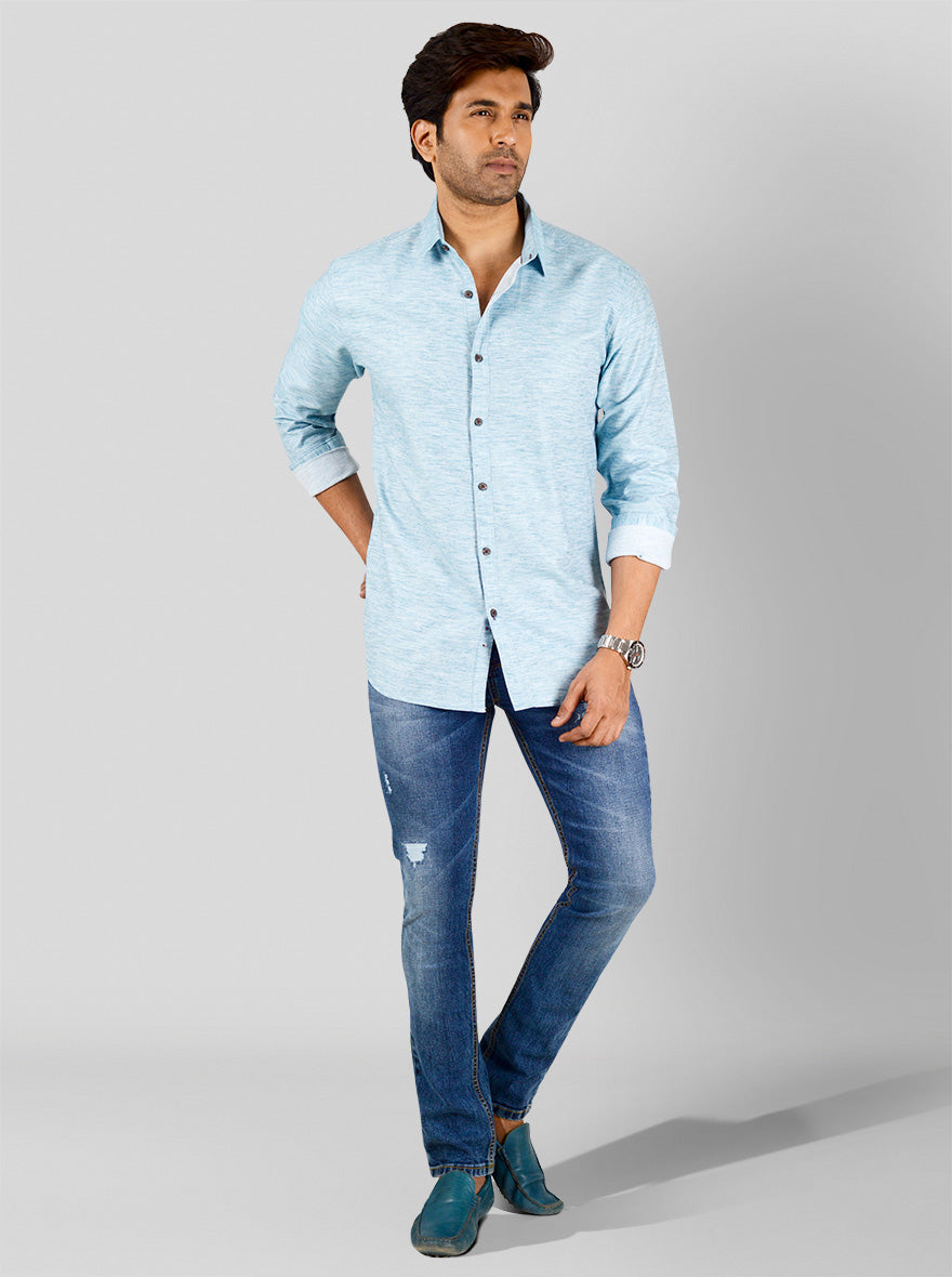 Aquamarine Blue Self Design Slim Fit Casual Shirt | Greenfibre