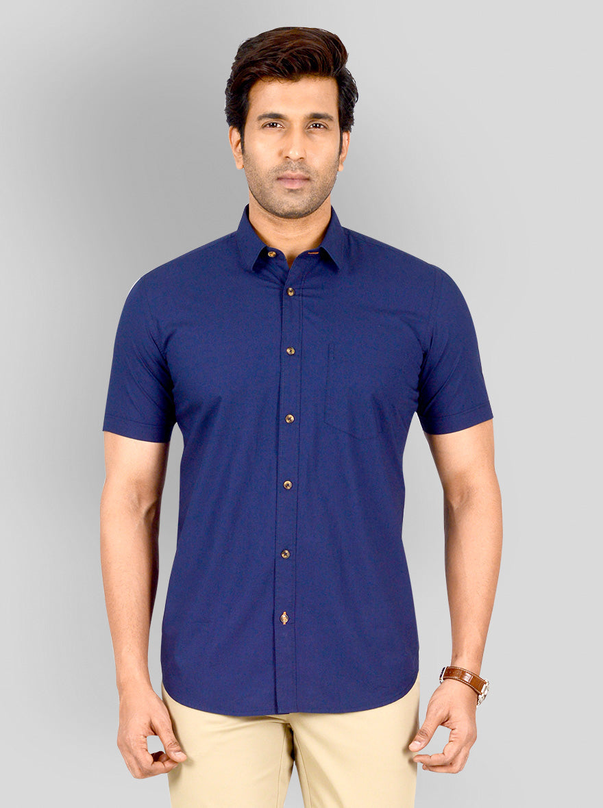 Navy Blue Solid Tailored Fit Casual Shirt | JB Sport