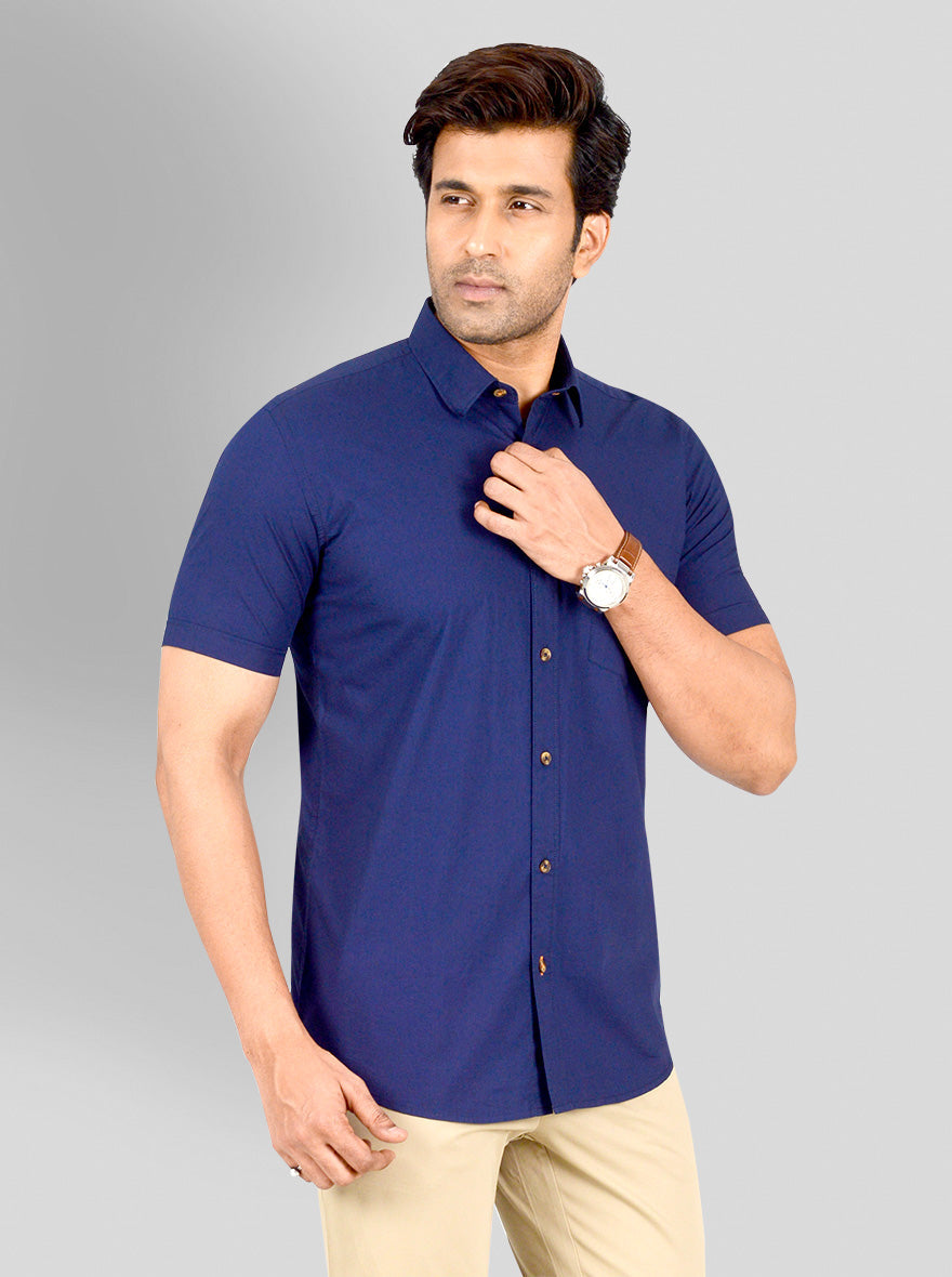 Navy Blue Solid Tailored Fit Casual Shirt | JB Sport