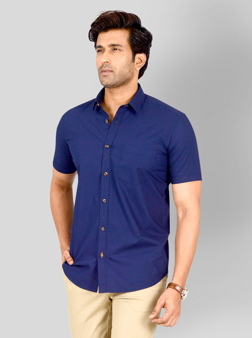 Navy Blue Solid Tailored Fit Casual Shirt | JB Sport