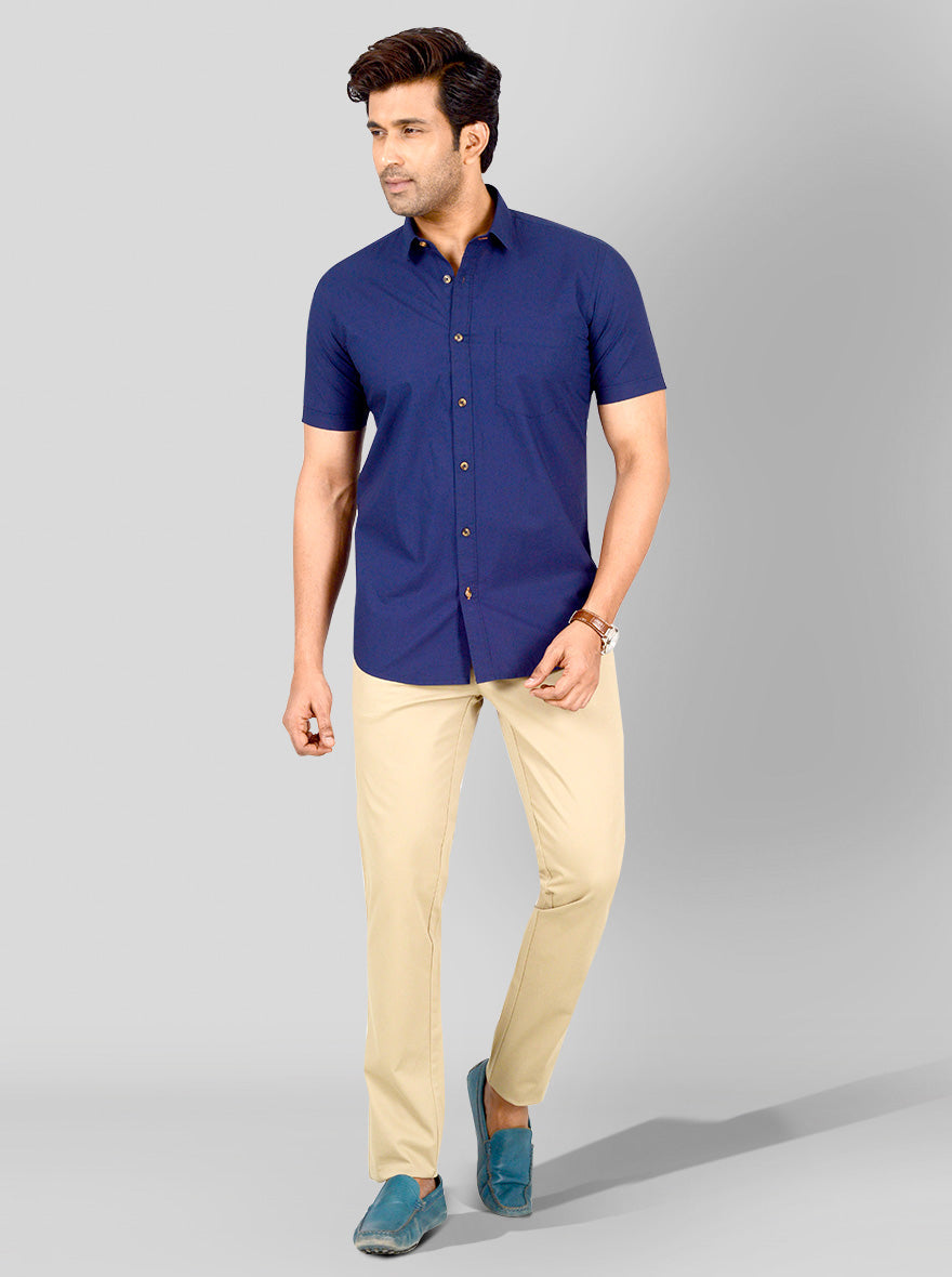 Navy Blue Solid Tailored Fit Casual Shirt | JB Sport